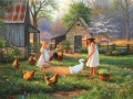 girls with goose hen at evening pet kids